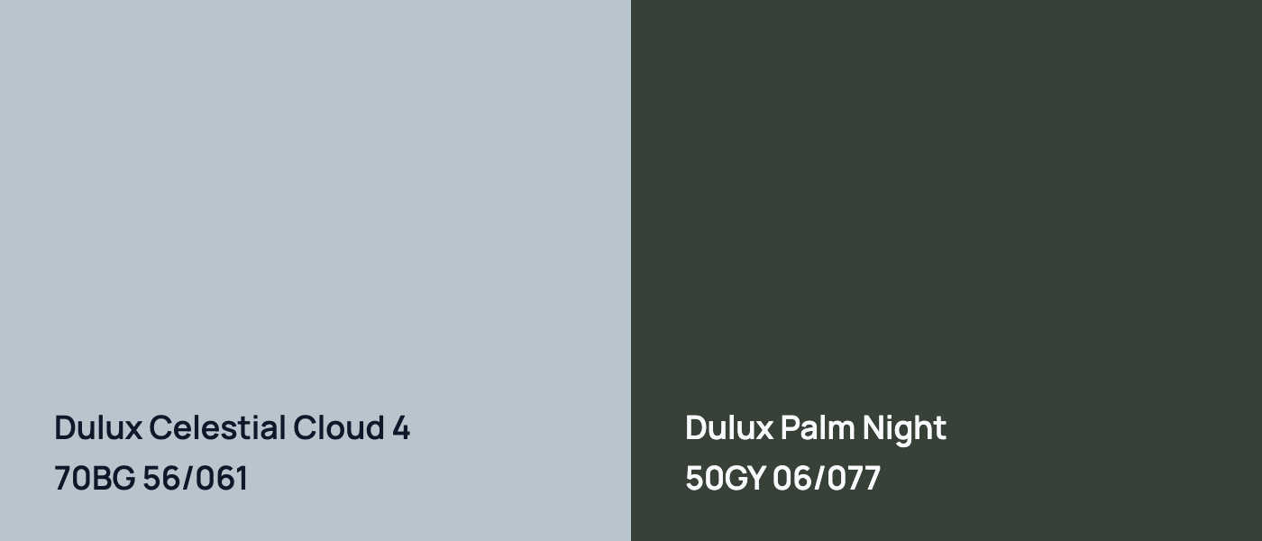 Dulux Celestial Cloud 4 70BG 56/061 vs Dulux Palm Night 50GY 06/077